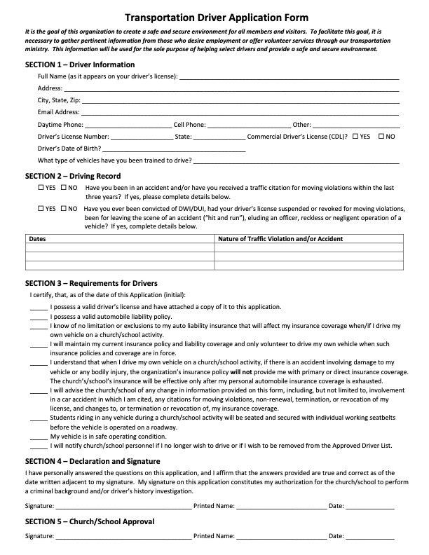 Transportation, Driver Form - Insurance One