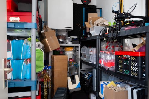 A cluttered room filled with numerous boxes and various items.